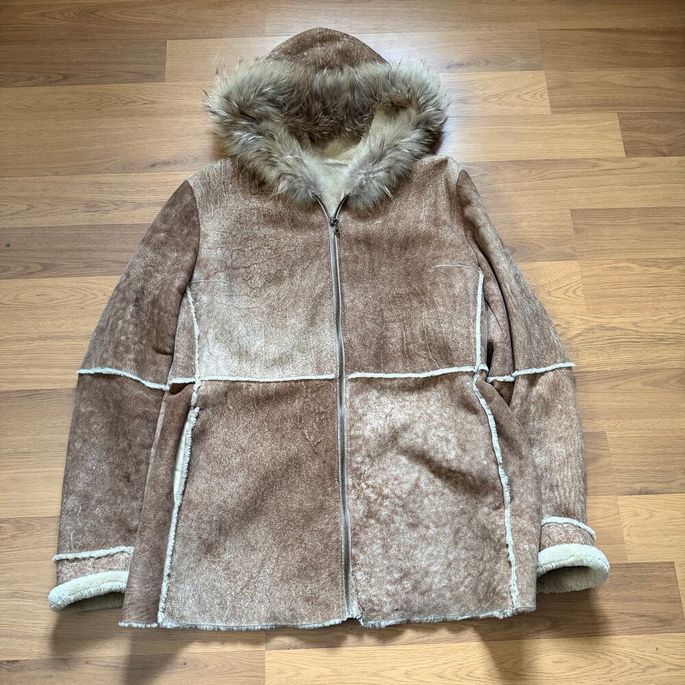 Women's Vintage Blue Duck Shearling Sheepskin Leather Hooded Zip Up Jacket Sz M